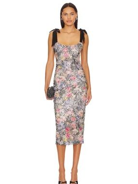 Amanda Uprichard Black Tie-Shoulder Floral Sequin Midi Dress